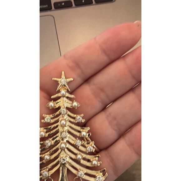 Vintage Christmas Brooch Tree Rhinestone Pearl pin gold tone MCM Holiday Star - Picture 4 of 6